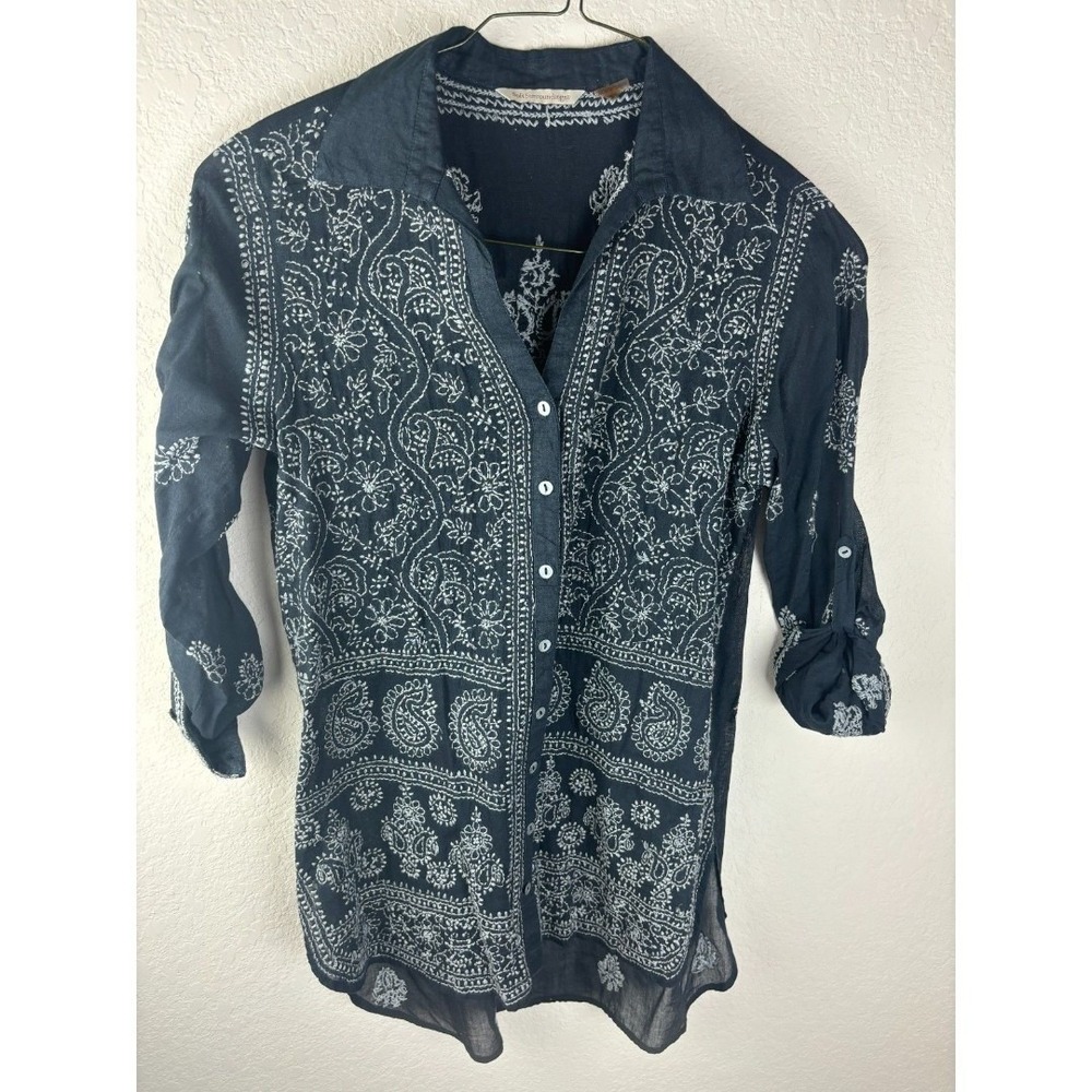 Soft Surroundings Black Embroidered 3/4 Sleeve Button Down Blouse Size Medium